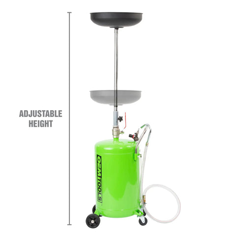 18 Gallon Spillproof Portable Oil Drain Pan With Rolling Cart And Steel Waste Oil Container For Easy Oil Changes Collects Motor Oil, Transmission Fluid And Coolant Funnel Drain Great For Under Lift Maintenance, showing adjustable height feature.