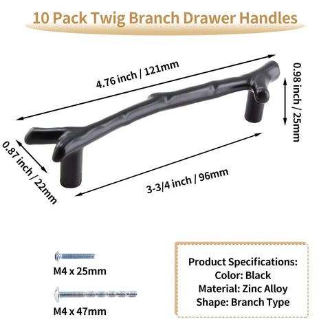 Twig Branch Drawer Handles 10 Pack Black Tree Branch Cabinet Pulls Three And Three Quarters Inch Center To Center Zinc Alloy Farmhouse Cupboard Handles Rustic Drawer Pulls For Kitchen And Home with measurements and specifications