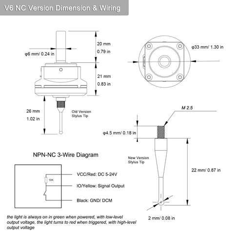 DIY CNC Touch Probe For XYZ Axis 3D Digitizing Edge Finder dimensions and wiring with 6 mm shank and 2.0 mm tungsten ball tip.