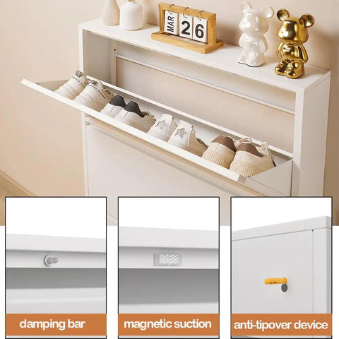 Slim 3 Flip Drawer Shoe Storage Cabinet, Hidden Narrow Wall Mount Metal Shoe Rack For Entryway, white, space-saving organizer with shoes
