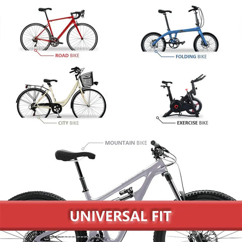 Diagram showing Width Adjustable Bike Seat for Comfort and Prostate Friendly Rides with universal fit on different bike types.