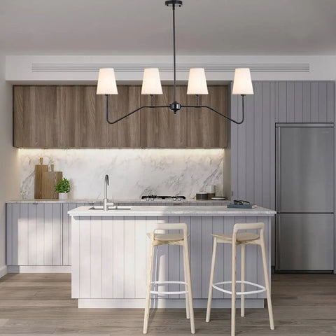 4 Light Kitchen Island Lighting Fixture Dope Modern Linear Chandelier Over Table Matte Black Finish With Linen Shades 41 Inch Wide