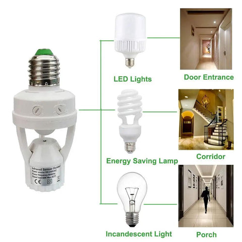 PIR Motion Sensor Light Socket E26 E27 Smart Lamp Holder Adapter with white plastic body for indoor hallway, porch, and corridor use