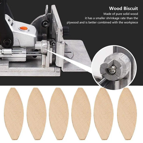 Joiner tool and 5 wooden biscuits from 100-Piece Solid Wood Joining Biscuits Set For Woodworking, Premium Wood Board Docking Tools