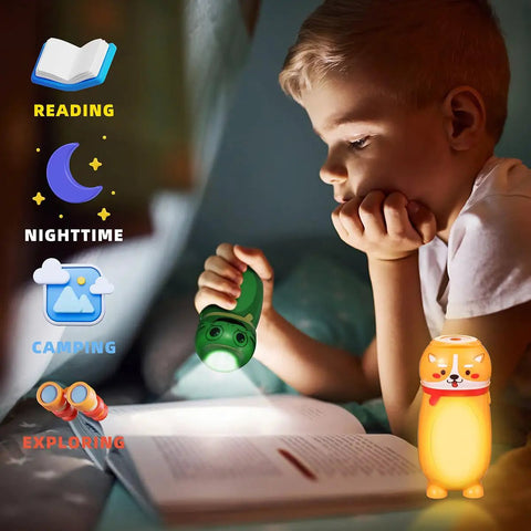 Child reading with green animal flashlight from 4 Pack Tiny Animal LED Flashlights For Kids 2 In 1 Camping Lantern And Flashlight