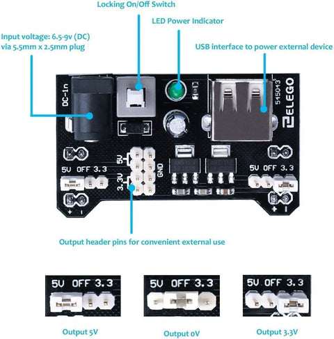 Power module in Dope Electronic Fun Kit Bundle With Breadboard, Jumper Wires, Resistors, Capacitors, LEDs, Potentiometer, 200+ parts for Arduino