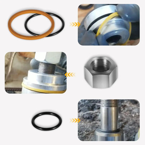 Replacement Skid Steer Hydraulic Cylinder Seal Kit For Bobcat 444 500 610 642 643 742 743 753 And More, showing seals and installation on cylinder.