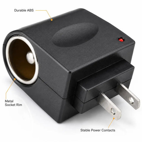 Pretty Slick AC To DC Car Adapter Turns Home Outlet Into 12V Cigarette Lighter Jack With Glowing LED Beacon Compact portable power supply with plug.