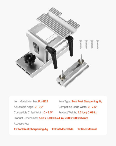 Adjustable Bench Grinder Tool Rest for 6 Inch or 8 Inch Grinders with Flat Miter Slide and Sharpening Jig for Blades and Chisels up to 2.5 Inches.