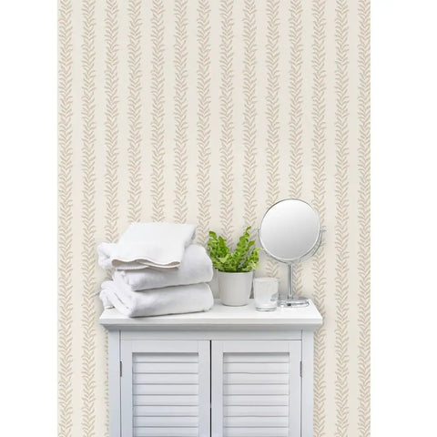 Real Deal Botanical Stripe Wallpaper With Killer Linen Texture And Hella Durable Matte Finish For Kitchens And Bathrooms Quick Paste To Paper Setup Premium Commercial Grade Wall Decor For Sure, on a wall behind towels and plants.