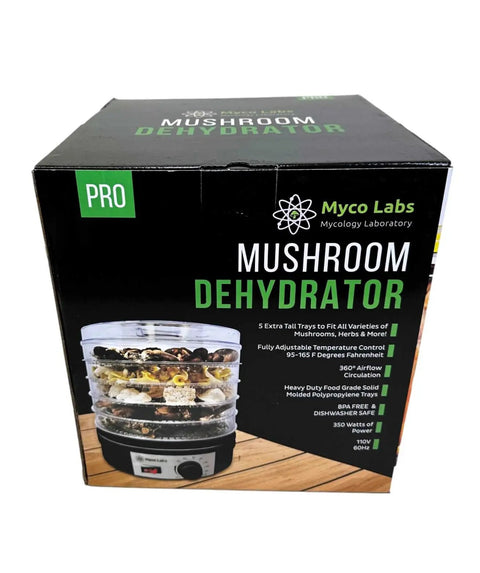 Slick 350 Watt Mushroom Dehydrator With Adjustable Temperature Control And Five Extra Tall Trays That Gonna Dry Your Fresh Herbs Hella Crisp While 360 Airflow Handles Batches Whole No Sweat Ever, product box with trays and details