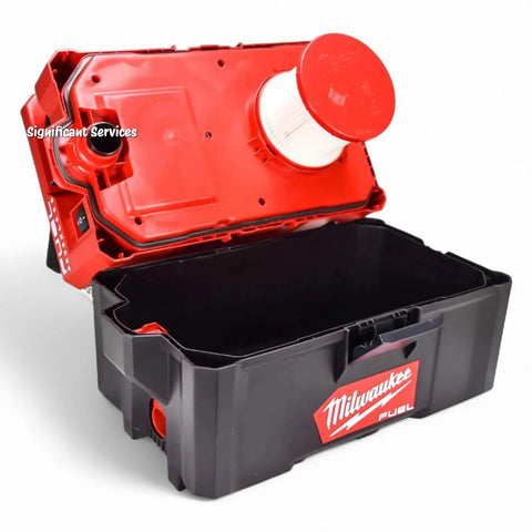 Heavy Duty 2.5 Gallon Cordless Wet And Dry Shop Vacuum Delivering 87 DB Whisper Quiet Runtime And Badass Suction For Fast Debris Clearing On Any Job Site, open container showing filter.