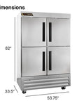 The Real Deal Heavy Duty Reach In Freezer With Two Section Split Solid Doors Serious 43 Cubic Foot Capacity dimensions shown with stainless steel finish.