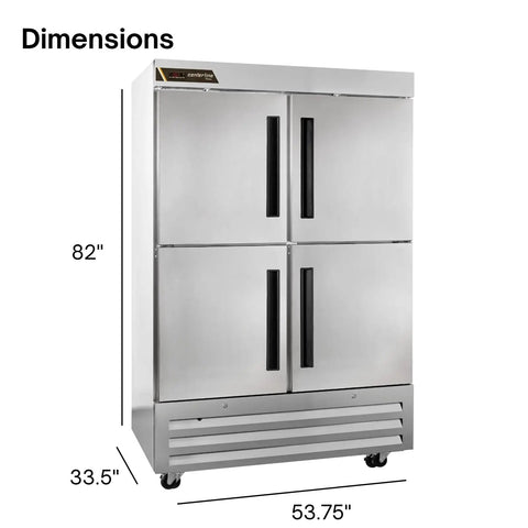 The Real Deal Heavy Duty Reach In Freezer With Two Section Split Solid Doors Serious 43 Cubic Foot Capacity dimensions shown with stainless steel finish.