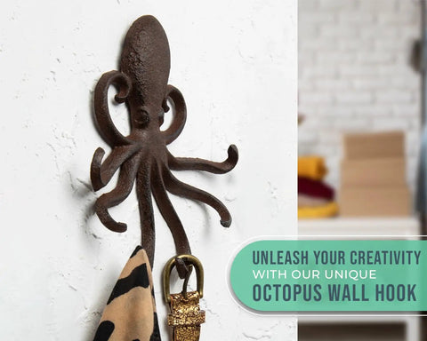 Rad Cast Iron Octopus Wall Hook Rustic Brown Antique Finish Sculpted Tentacles holding a scarf against a textured wall.