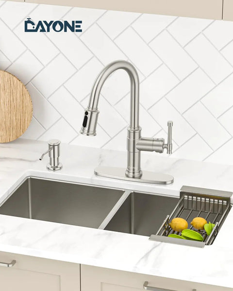 Vintage Style Kitchen Faucet With Built In Soap Dispenser No Fuss Single Handle High Arc Pull Down Sprayer Antique Look Three Modes