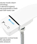 Close-up of Thinline Bidet Attachment For Toilet Seats With Adjustable Water Pressure And Side Arm Control, slim white design.