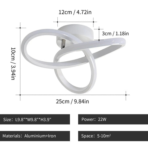 Spiral LED Ceiling Light Fixture, Modern Semi Flush Mount 22W Warm White 3000K with dimensions and material details