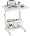 Space Saver C Shaped Laptop Desk On Wheels For Small Spaces White 24 Inch Height Adjustable With 2 Tier Storage Shelves Mobile Under Sofa Or Bed Setup
