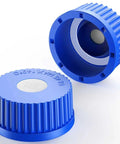 GL45 Screw Cap With 20MM PTFE Membrane For Top Tier Air Filtration Blue Liquid Culture Medium Lid, featuring textured surface and filter.