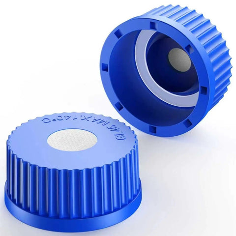 GL45 Screw Cap With 20MM PTFE Membrane For Top Tier Air Filtration Blue Liquid Culture Medium Lid, featuring textured surface and filter.