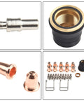 Top Pick Plasma Cutter Consumables Kit With Extra Electrodes Nozzles And Swirl Rings For S30 S35 Cut45 Machines Plus Spring Guide showing various components.