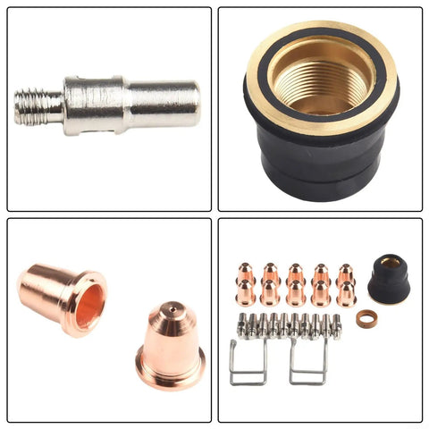 Top Pick Plasma Cutter Consumables Kit With Extra Electrodes Nozzles And Swirl Rings For S30 S35 Cut45 Machines Plus Spring Guide showing various components.