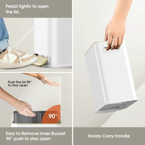 White 5L Slim Stainless Steel Trash Can With Gold Trimmed Lid, Pedal Lid, Soft Close, Removable Inner Bucket, space-saving design