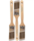 Three Pack 1.5 Inch Angle Paint Brushes Set With Thick Synthetic Filament For Interior And Exterior Projects, wood handles, front view.