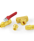One Quarter Inch NPT Brass Pipe Fitting Kit With Two Ball Valves, Two Hex Bushings, Two Hex Nipples, Two Tees And Air Hose Fitting Thread Adapters Eight Pack For DIY Plumbing And Pneumatic Systems showing brass components