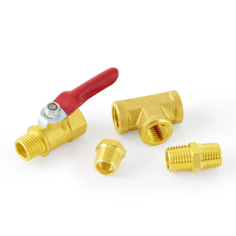 One Quarter Inch NPT Brass Pipe Fitting Kit With Two Ball Valves, Two Hex Bushings, Two Hex Nipples, Two Tees And Air Hose Fitting Thread Adapters Eight Pack For DIY Plumbing And Pneumatic Systems showing brass components