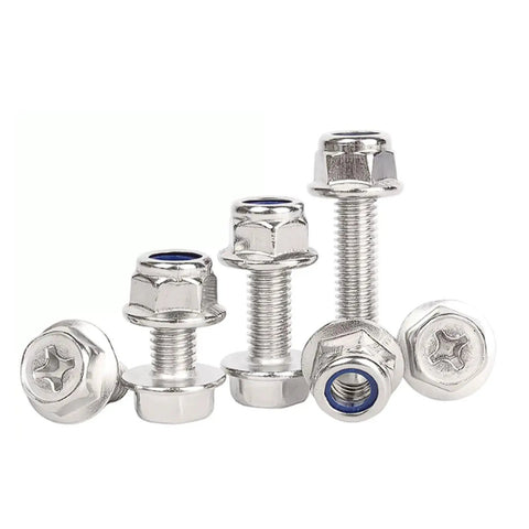 Cross Flange M6 Hex Socket Head Bolts And Nuts Kit With Washers 20 Sets Stainless Steel 304 with serrated flange close-up