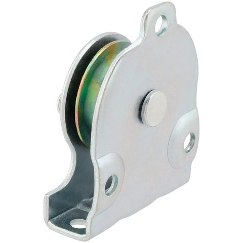 One And One Half Inch Ceiling Or Wall Mount Single Pulley, Zinc Plated Anti Rust Pulley For Three Eighths Wire Rope, Silver Finish, Heavy Duty Cable Pulley For DIY Lifts And Lashing, side view