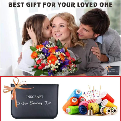 Family celebrates with flowers and Ultimate Sewing Kit With 200 Premium Supplies And 41 XL Thread Spools for travelers.