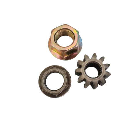 Three-pack steering shaft components: pinion gear, bushing and blade lock nut