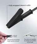 Close-up of black alligator clip and wire from 14 Gauge 2 Pack 3.3 Ft Stackable 4mm Banana Plug To Alligator Clips Beefy Heavy Duty Silicone Test Leads Kit