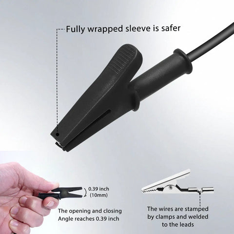 Close-up of black alligator clip and wire from 14 Gauge 2 Pack 3.3 Ft Stackable 4mm Banana Plug To Alligator Clips Beefy Heavy Duty Silicone Test Leads Kit