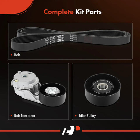 Engine Serpentine Belt Drive Kit for Chevy Trailblazer 2002-2009 components with belt, tensioner, and idler pulley