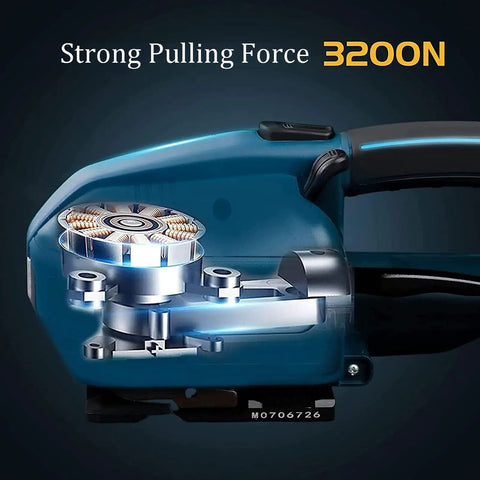 Close-up of Automatic Electric Strapping Machine With 4000mha Battery showing strong pulling force mechanism.