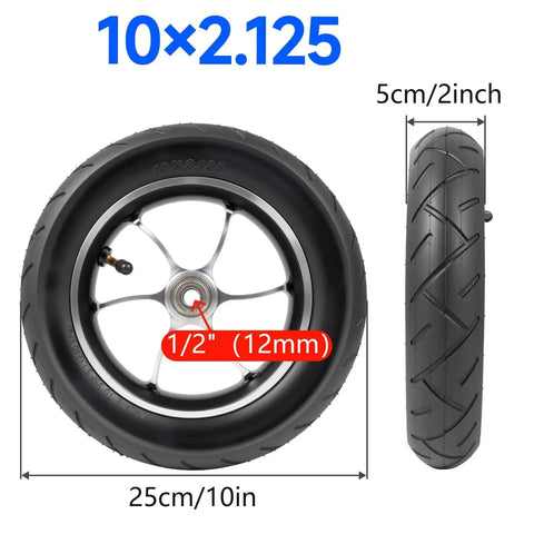 Heavy Duty 10 X 2.125 Pneumatic Tire Caster Wheels Pair showing 10-inch tire with aluminum hub and 12mm axle details.