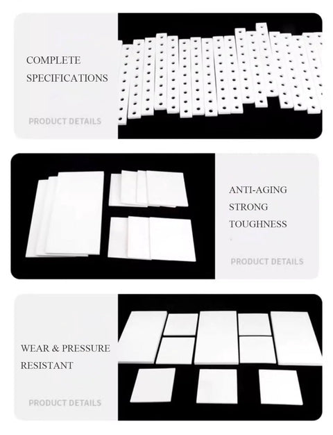 Nonstick PTFE Sheet 200x200mm, 3-8mm Thick, durable boards for gaskets and machinery, showcasing different shapes and sizes.