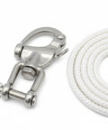 Heavy Duty 316 Stainless Steel Snap Shackles Quick Release Marine Swivel Hooks next to white braided rope for rigging.