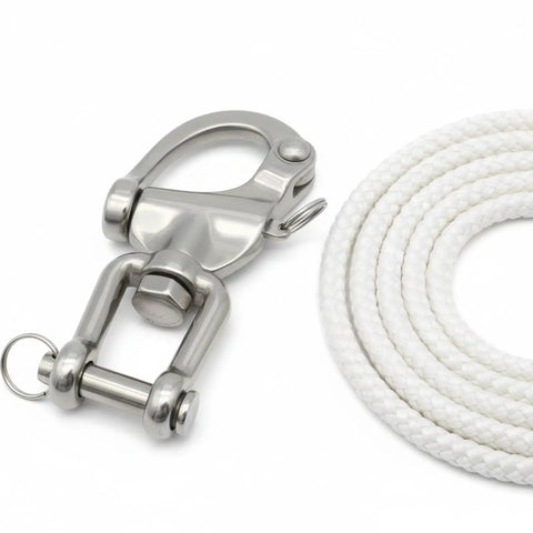 Heavy Duty 316 Stainless Steel Snap Shackles Quick Release Marine Swivel Hooks next to white braided rope for rigging.