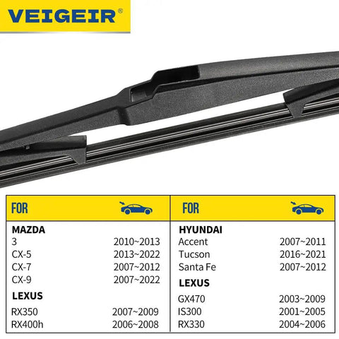 14 Inch Rear Wiper Blade for Mazda 3 and CX Series SUVs close-up, compatible with Mazda, Lexus, Hyundai models, durable rubber spline.