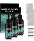 Smart DIY Glass Repair Kit For Windshields And Screens, Quick Fix Chips And Cracks With Resin Liquid, Pro Grade Auto Glass Repair Tools Set shown with resin bottles, applicator blades, and clear films.