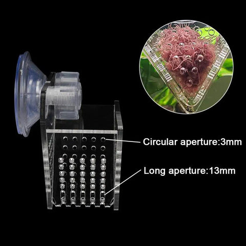 Acrylic V Shape Conical Aquarium Fish Feeder Cup For Live Red Worms Bloodworms And Brine Shrimp Eggs with suction base and apertures.