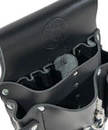 Close-up of Leather Tool Pouch Go-To 8 Pocket Carry System showing internal compartments and moisture-resistant black leather material.