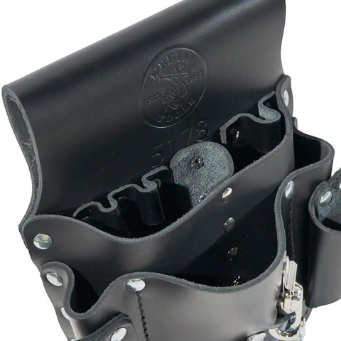 Close-up of Leather Tool Pouch Go-To 8 Pocket Carry System showing internal compartments and moisture-resistant black leather material.