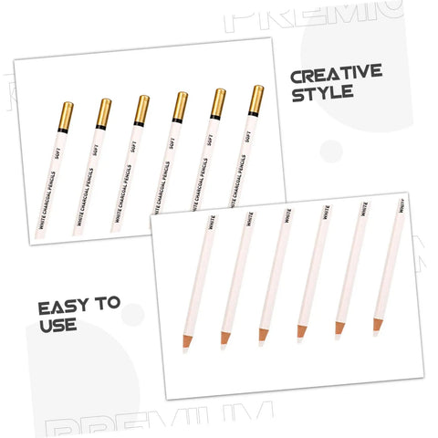 Six Piece White Sketch Pencils Set For Charcoal Drawing Artists And Newbies Soft Medium Hard Graphite For Shading Blending And Texturing Art Supplies Essentials; pencils displayed vertically.