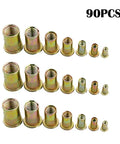 90 Piece Mixed Zinc Plated Carbon Steel Flat Head Rivet Nut Kit With M3 M4 M5 M6 M8 M10 Thread Sizes In Gold Finish